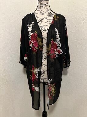 Women's Floral Chiffon Kimono Cardigan Medium Sheer 3/4 Length Sleeve Open-Front